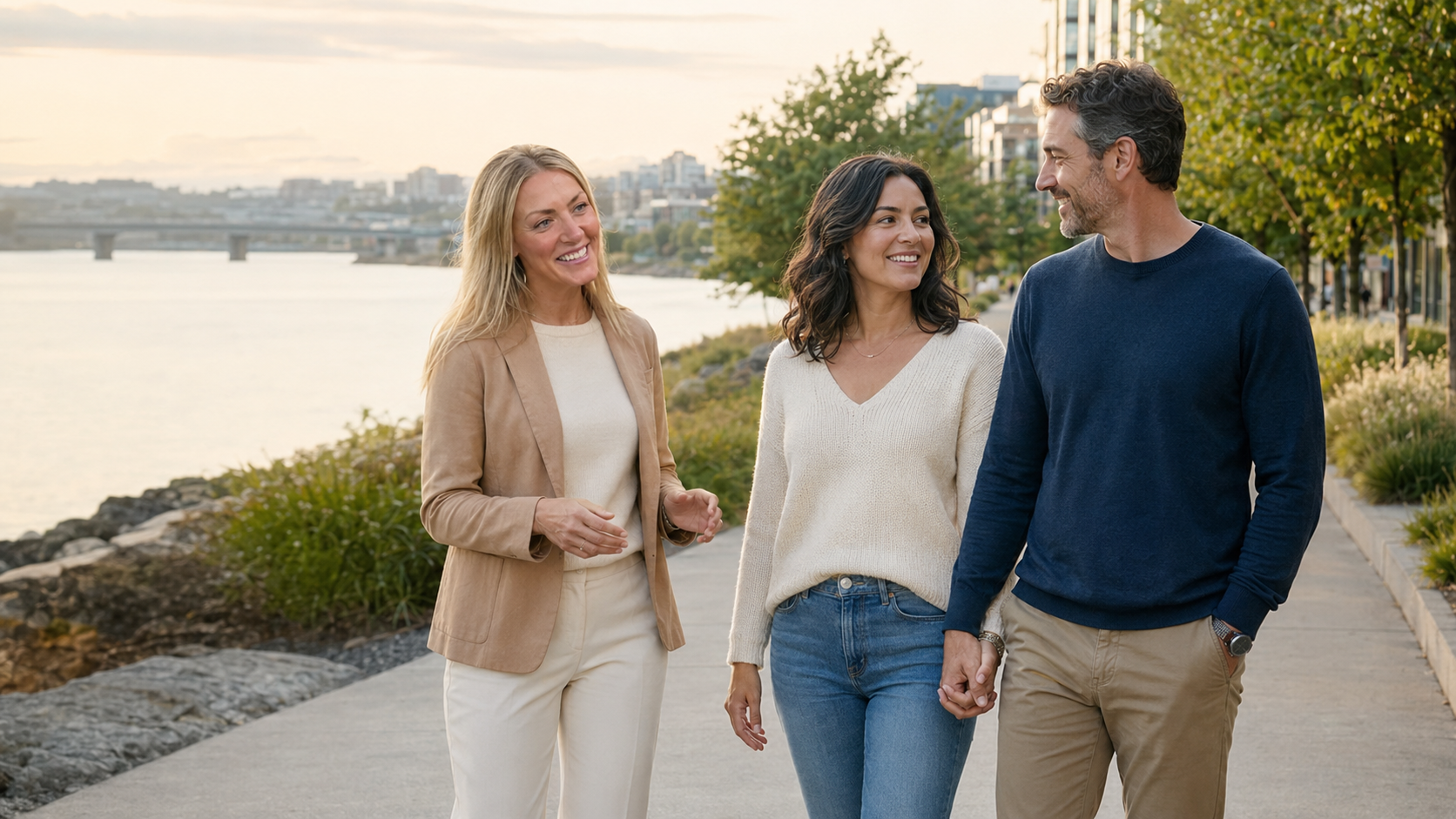 Heidi walking with a couple on the Portland South Waterfront